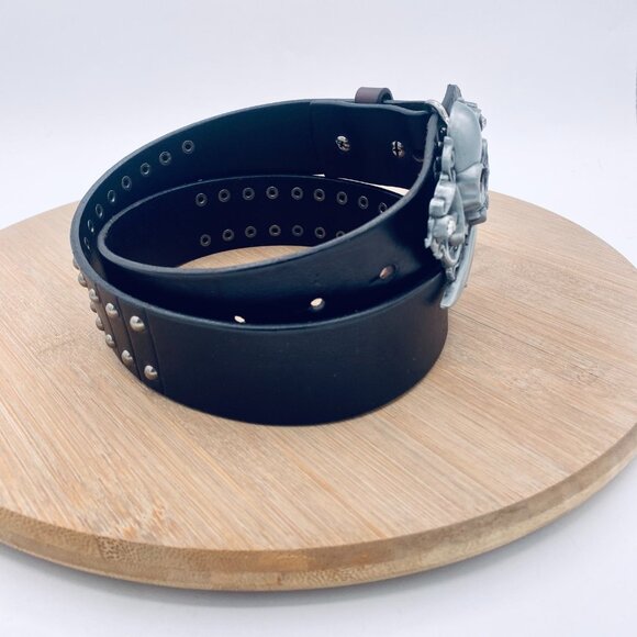 Jeans Friends Belt Womens S Black Full Grain Leather Silver Skull Buckle Pirate - Picture 6 of 10